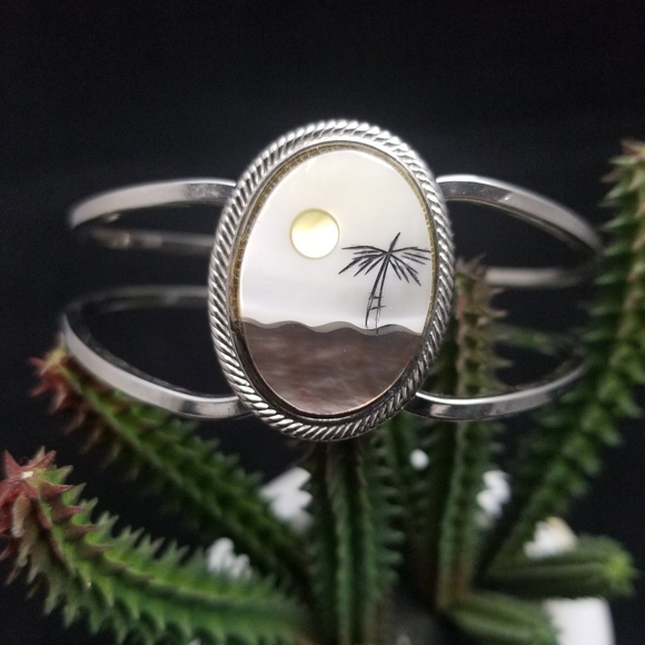 Palm-Tree-Moon-Ocean Silver Bangle - Picture 4 of 6